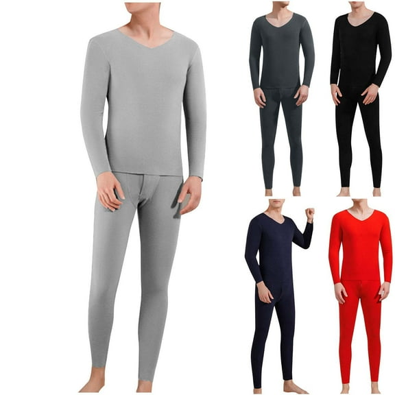 Wlynlyn Thermal Underwear for Men Fleece Lined Loungewear Outfits V Neck Tops Pants Warm Soft 2 Piece Long Johns Sets