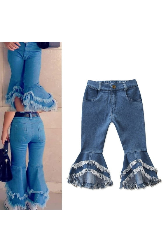 Toddler Baby Girl Kids Flared Denim Pants Ruffled Wide Legs Ripped Jeans High Waist Bell Bottoms Trousers 4-5 Years