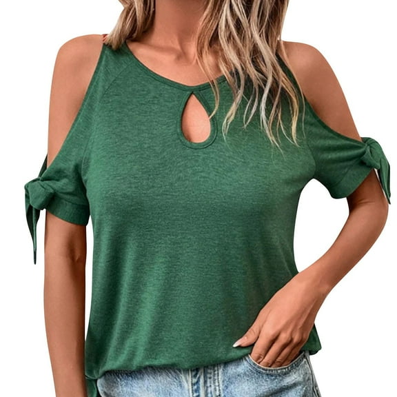 Wlynlyn Tops for Women Dressy Casual Keyhole V Neck Blouses Cold Shoulder Short Sleeve Shirts M