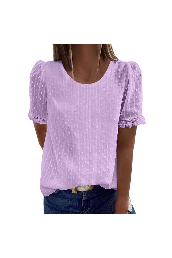 Tops for Women Dressy Casual Short Sleeve Business Casual Top Crewneck Dotted Chiffon Top XL