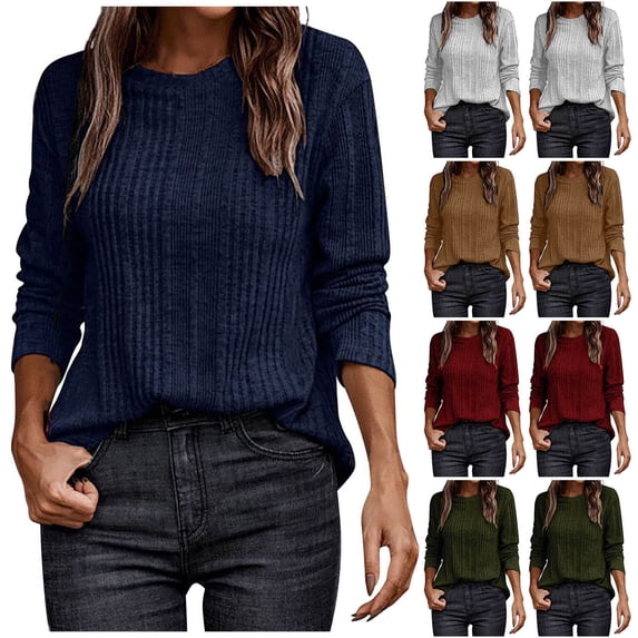 Wlynlyn Tops for Women Fall Winter Long Sleeve Shirts Crewneck Pullover Tops Solid Color Tunic Blouses