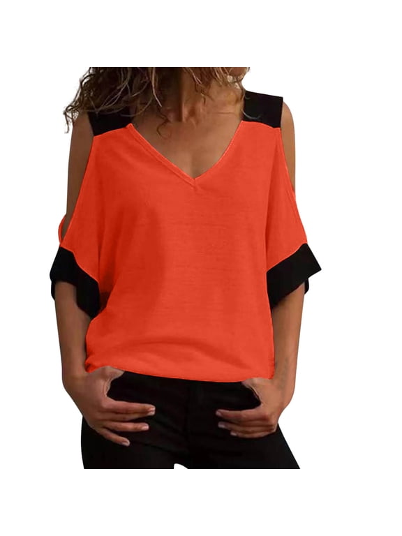 Tops for Women Short Sleeve Cold Shoulder Shirts V Neck Going out Tops Loose Fitted Tees Top Blouses(5X-Large,Red)