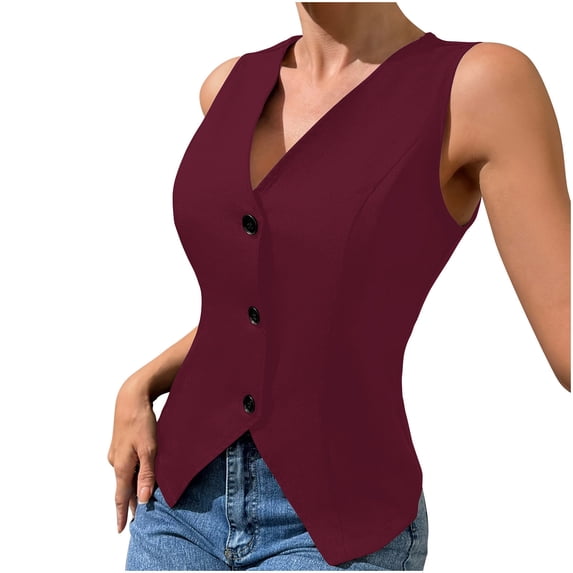 Wlynlyn Vest Tops for Women V-Neck Sleeveless Button down Summer Vest Solid Color Business Casual Fitted Waistcoat(Wine,Large)