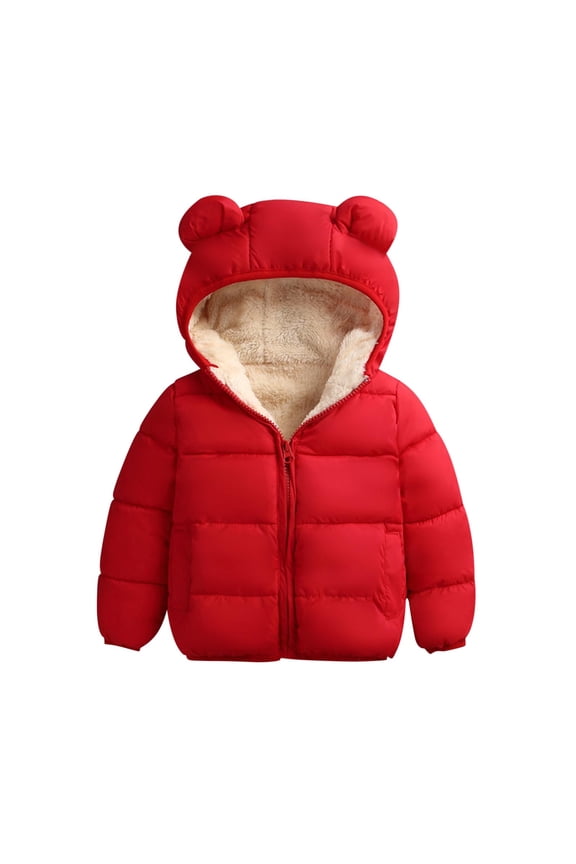 Winter Coat for Boys Girls Sherpa Lined Long Sleeve Hooded Puffer Jackets Thicken Warm Down Outwear(Red,12-18 Months)
