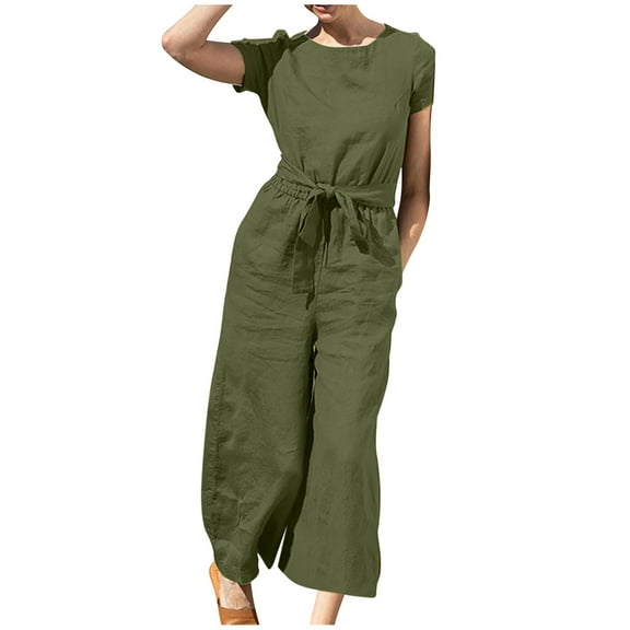 Wlynlyn Women Cotton Linen Jumpsuits Summer One-Piece Outfits Short Sleeve Wide Leg Long Pants Rompers Size XXL