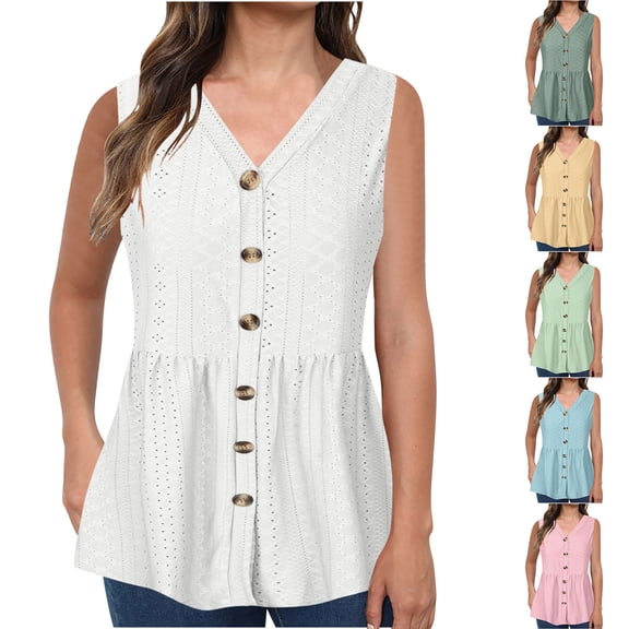 Wlynlyn Women Plus Size V Neck Tank Tops Eyelet Sleeveless Shirts Button down Blouses Ruffle Hem Summer Top