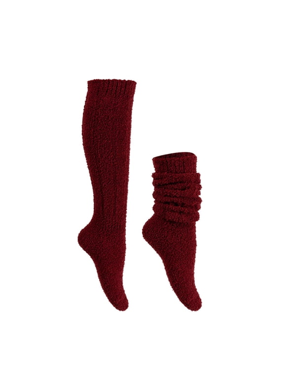 Women Slouch Knee High Socks Soft Solid Color Fuzzy Fleece Calf Length Stackable Leg Socks for Winter Daily Home Sleeping Wear Stockings(1 size,Wine)