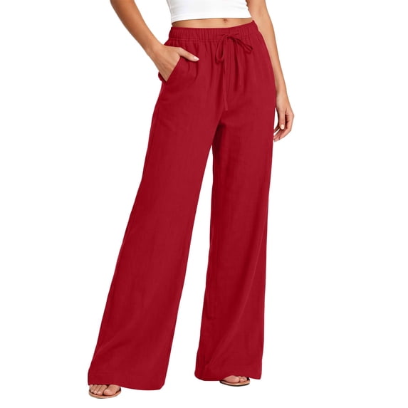 Wlynlyn Women Wide Leg Cotton Linen Pants with Pocket High Waisted Lounge Palazzo Pants Beach Vacation Trousers(X-Large,Red)