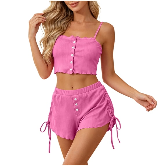 Wlynlyn Women's 2 Piece Set Crop Camisole Going out Tops Side Drawstring Shorts Casual Lounge Sleepwear Outfit(Pink,XX-Large)