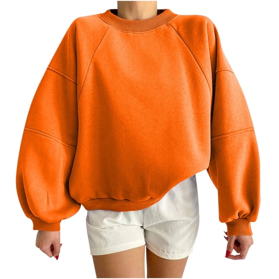 Wlynlyn Women's Crop Sweatshirts Casual Long Sleeve Crewneck Top Solid Color Fleece Loose Pullover Sweatshirt Tops(Small,Orange)