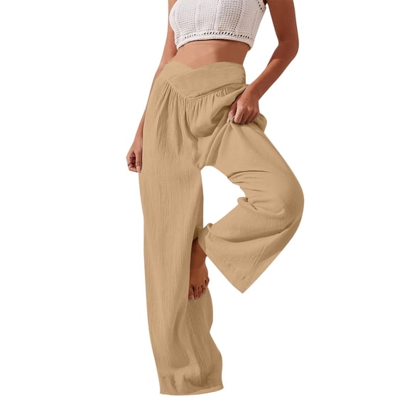 Wlynlyn Women's Pants Crossover High Waisted Casual Pants Straight Wide Leg Lounge Pants Summer Beach Trousers(Large,Khaki)