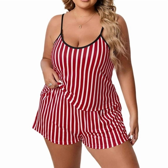 Wlynlyn Women's Plus Size 2 Piece Pajama Sets Striped Sleeveless Sleepwear Cami Top and Shorts Soft Pjs Sets Loungewear(Red,XX-Large)