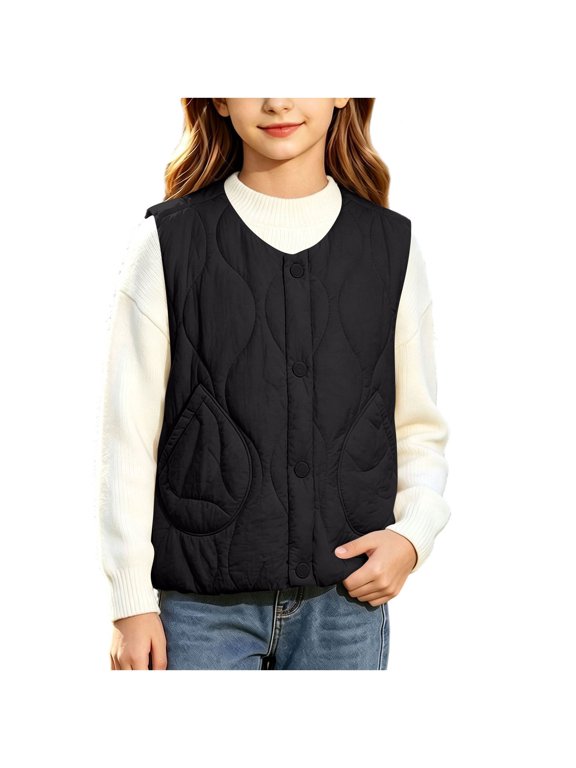 Women's Quilted Puffer Vests Sleeveless Button Padded Gilet Crew Neck Sleeveless Button down Coat Outerwear Jacket(9-10 Years)