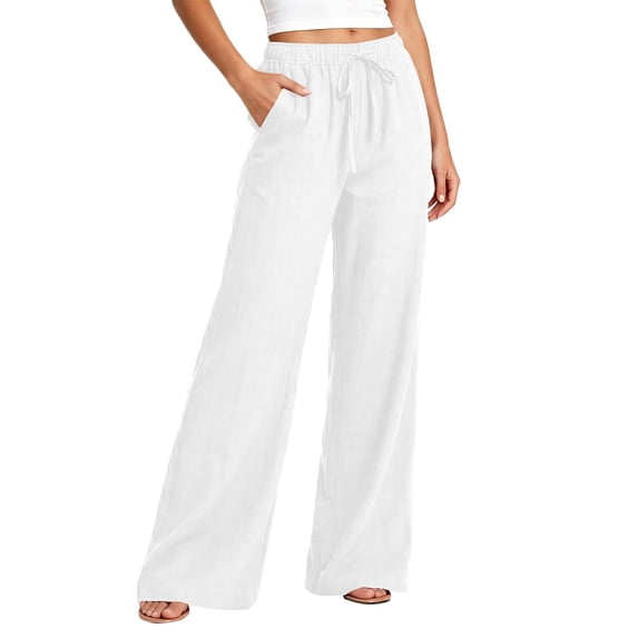 Wlynlyn Women's Wide Leg Pants Summer Cotton Linen Loose Casual Vacation Palazzo Trousers with Pockets Spring Clothes(X-Large,White)