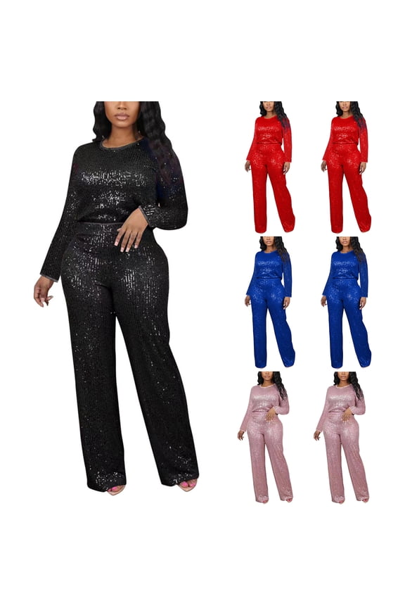 Womens 2 Piece Outfit Long Sleeve Party Sequins Tops High Waisted Wide Leg Pants Evening Sparkly Suit