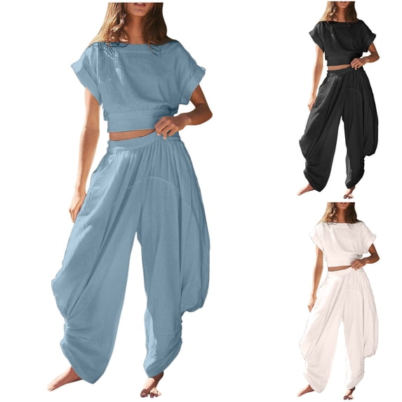Wlynlyn Womens 2 Piece Outfits Backless Lace up Cap Sleeve Top High Waisted Baggy Trousers Tracksuits Set