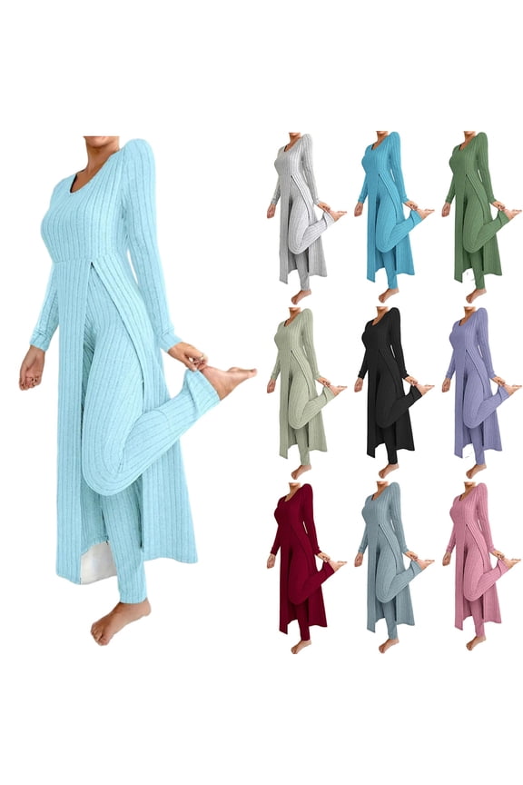 Womens 2 Piece Outfits Ribbed Knit Lounge Sets Fall Casual Solid Color Stretch Long Tops Leggings Matching Outfits