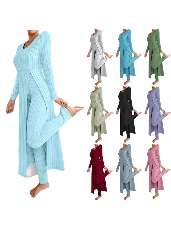 Womens 2 Piece Outfits Ribbed Knit Lounge Sets Fall Casual Solid Color Stretch Long Tops Leggings Matching Outfits
