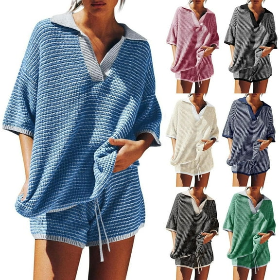 Wlynlyn Womens 2 Piece Outfits Short Summer Sweater Sets Oversized 3/4 Sleeve V Neck Knit Tops Drawstring Lounge Shorts