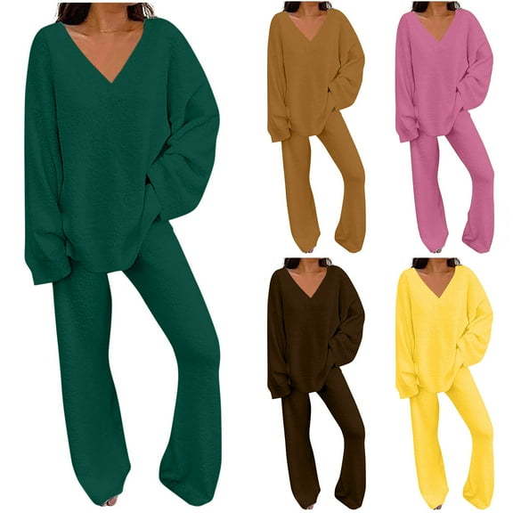 Wlynlyn Womens 2 Piece Sets Casual Warm Fuzzy Fleece Pajamas Cozy Soft Plush Loungewear Long Sleeve V Neck Tops Pants