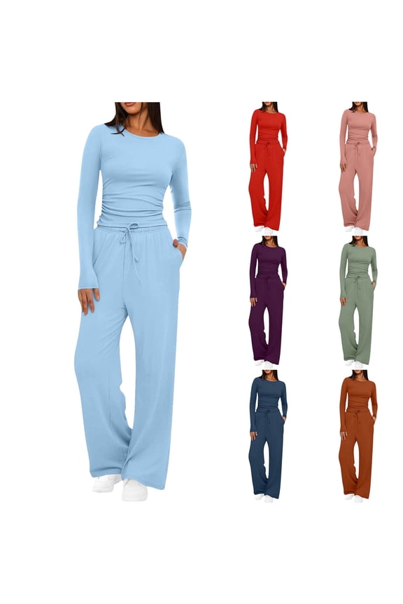 Womens 2 Piece Sets Long Sleeve Wide Leg Tracksuits Casual Lounge Fall Outfits Solid Color Matching Sets