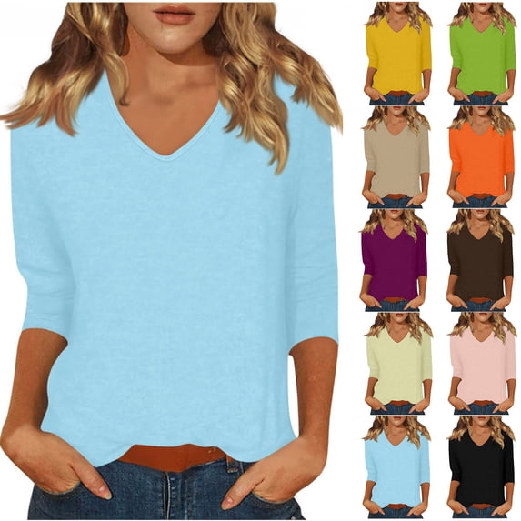Wlynlyn Womens 3/4 Sleeve Tops Casual V Neck Loose Fitted Tees Shirts Solid Color Business Work Blouses Tunic Tops
