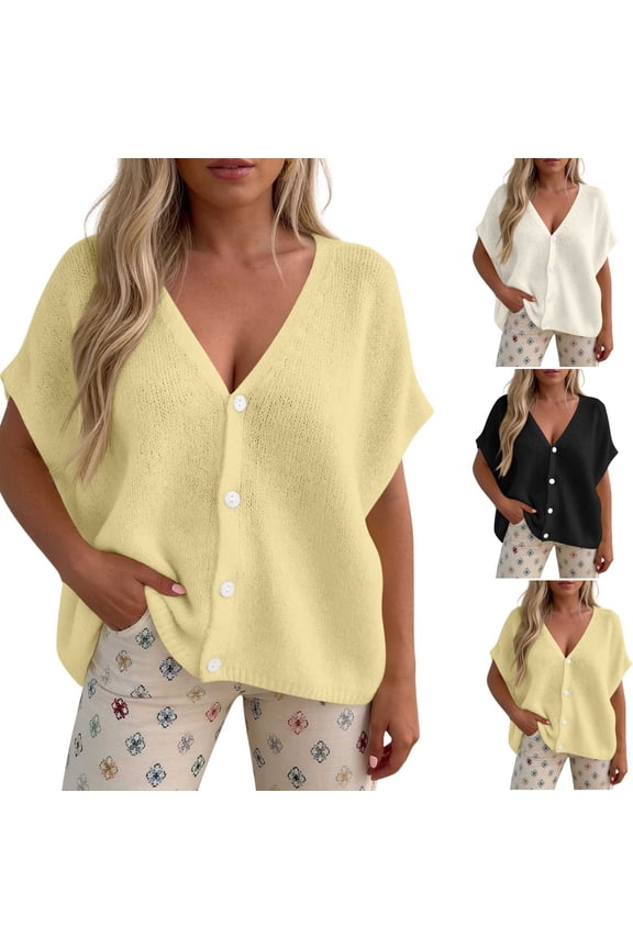 Womens Blouses V Neck Short Sleeve Oversized Button down Cardigans Casual Solid Color Knitwear Sweater Tops