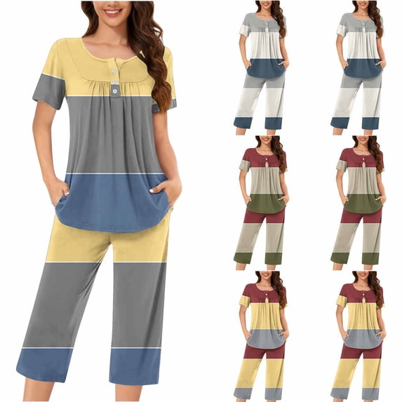 Wlynlyn Womens Capri Pajama Sets Short Sleeve Top with Capri Pants Striped Pjs Sets Soft Comfy Ladies Sleepwear