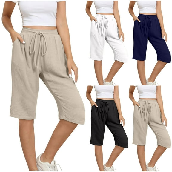 Wlynlyn Womens Capri Pants Summer Drawstring Casual Shorts with Pockets High Waisted Knee Length Lounge Shorts