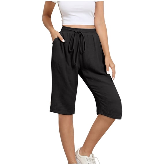 Wlynlyn Womens Capri Pants Summer Drawstring Casual Shorts with Pockets High Waisted Knee Length Lounge Shorts