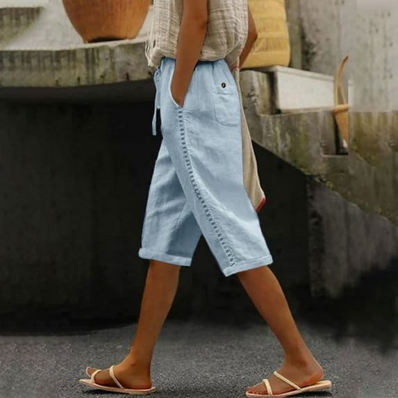 Wlynlyn Womens Casual Shorts Elastic Waist Cotton Linen Shorts with Pockets Lace Hollow out Wide Leg Summer Shorts