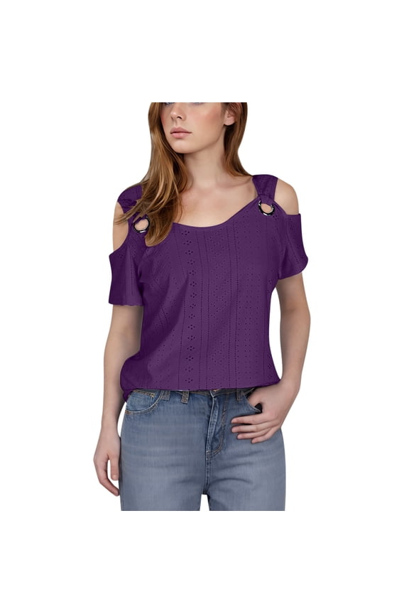 Womens Clod Shoulder Tops Summer Hollow out Short Sleeve T Shirts Plus Size Going out Blouses Ladies Tunic Size S-5XL