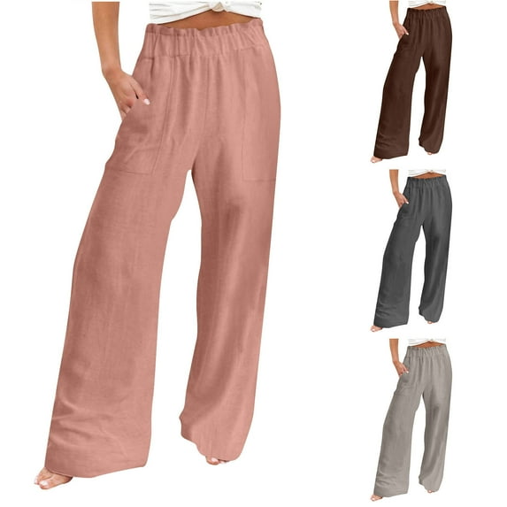 Wlynlyn Womens Cotton Linen Palazzo Pants High Waisted Lounge Pants Casual Comfy Flowy Beach Summer Trousers