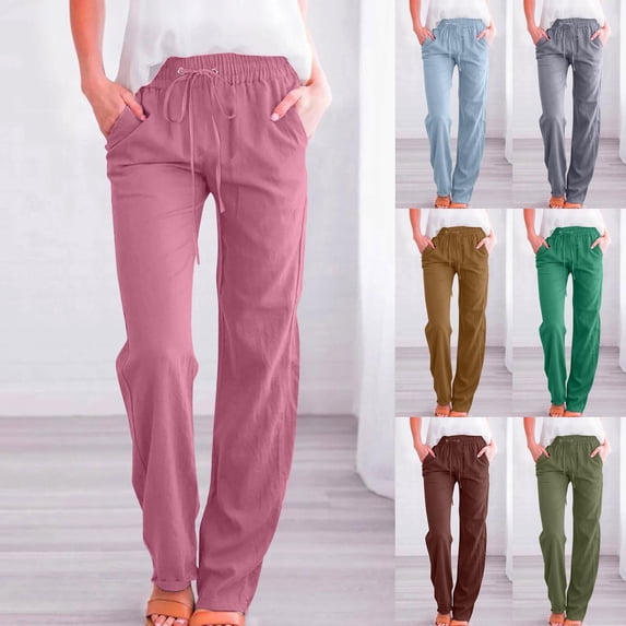 Wlynlyn Womens Cotton Linen Pants Drawstring High Waisted Lounge Pants Straight Wide Leg with Pockets