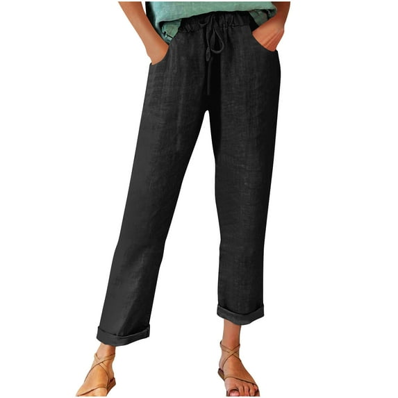 Wlynlyn Womens Cotton Linen Pants Drawstring High Waisted Summer Beach Lounge Trousers Straight Leg Loose Fitted Pants Size S