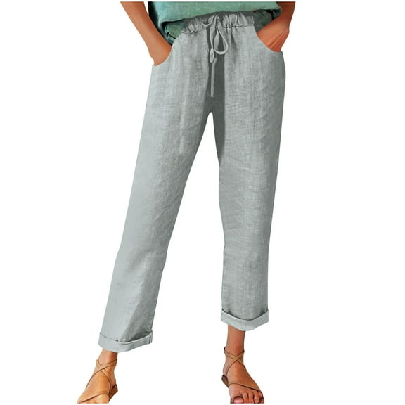 Wlynlyn Womens Cotton Linen Pants Drawstring High Waisted Summer Beach Lounge Trousers Straight Leg Loose Fitted Pants Size XXL