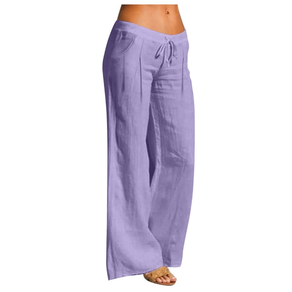 Wlynlyn Womens Cotton Linen Pants Elastic Waist Summer Soft Comfy Wide Leg Beach Vacation Long Pants