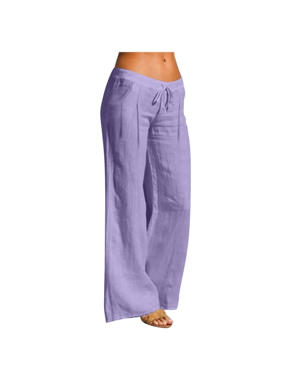 Womens Cotton Linen Pants Elastic Waist Summer Soft Comfy Wide Leg Beach Vacation Long Pants