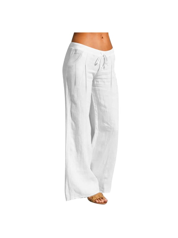 Womens Cotton Linen Pants Elastic Waist Summer Soft Comfy Wide Leg Beach Vacation Long Pants