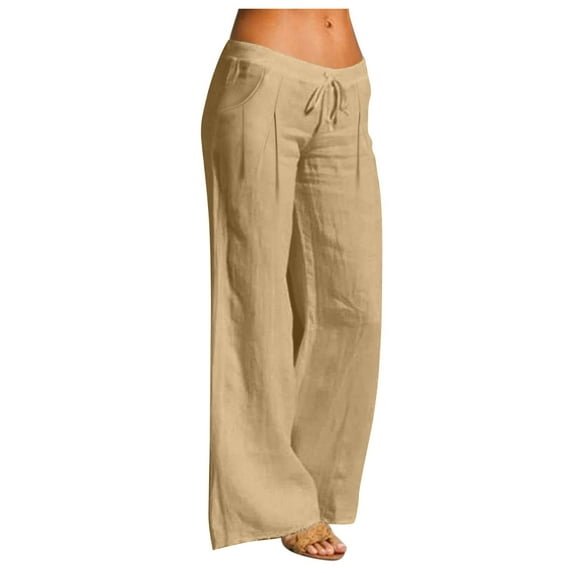 Wlynlyn Womens Cotton Linen Pants Elastic Waist Summer Soft Comfy Wide Leg Beach Vacation Long Pants