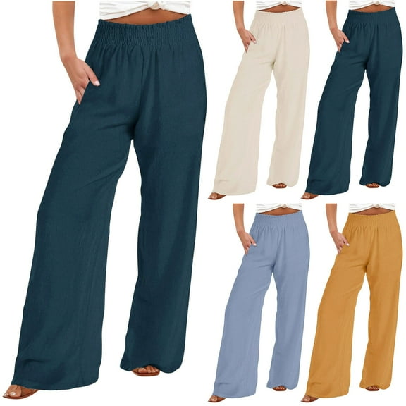 Wlynlyn Womens Cotton Linen Pants Summer Wide Leg Casual Loose Trousers Drawstring High Waist Palazzo Pants