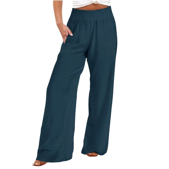 Wlynlyn Womens Cotton Linen Pants Summer Wide Leg Casual Loose Trousers Drawstring High Waist Palazzo Pants
