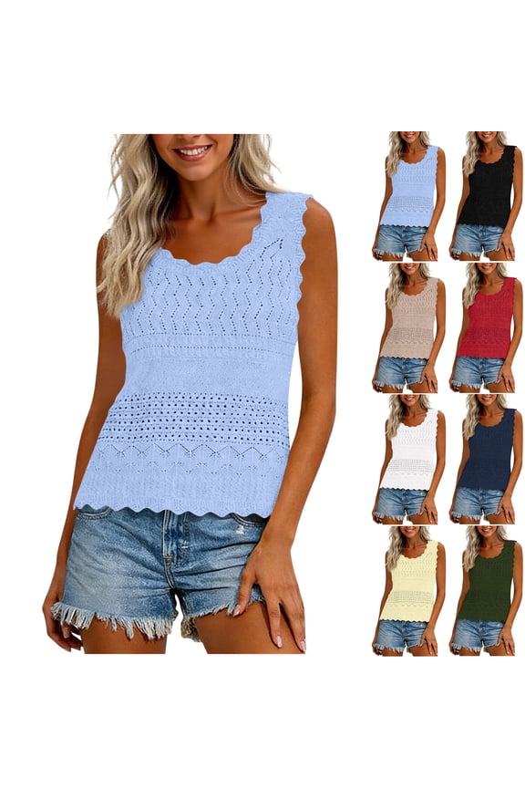 Womens Crochet Tank Tops Summer Sleeveless Cute Knit Sweater Vests Crew Neck Trendy Beach Vacation Clothes