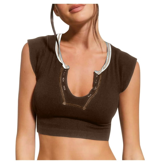 Wlynlyn Womens Crop Tops Cap Sleeve Tank Tops Deep V Neck Summer Going out Tops Ribbed Knit Slim Fitted Basic Tees M