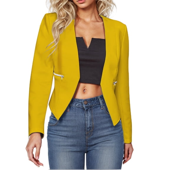 Wlynlyn Womens Cropped Blazers Open Front Long Sleeve Jackets Solid Color Business Casual Office Suits(Yellow,Small)