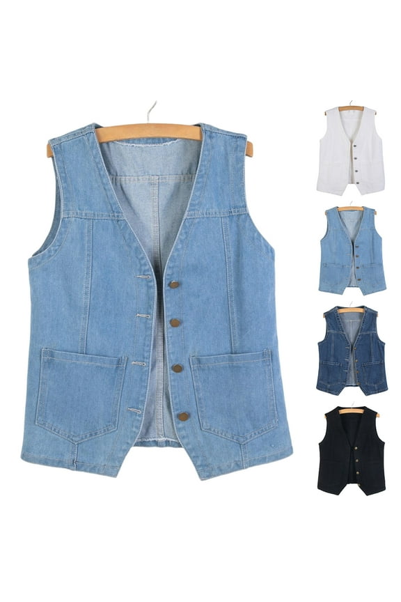 Womens Denim Vests V Neck Button down Sleeveless Shirts Casual Trendy Loose Jean Waistcoat Plus Size Jackets with Pockets