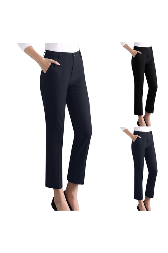 Womens Dress Pants with Pockets Pull-On Straight Leg Cropped Slacks Plus Size for Work Business Casual