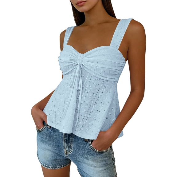 Wlynlyn Womens Eyelet Tank Tops Square Neck Low Cut Lace-Up Front Ruched Going out Top Dressy Sleeveless Flowy Peplum Tops