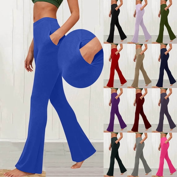 Wlynlyn Womens Flare Leggings High Waisted Solid Stretch Belly Control Casual Comfy Workout Bell Yoga Pants with Pockets