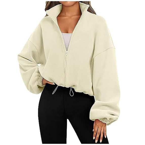 Wlynlyn Womens Fleece Jackets Zip up Crop Sweatshirts Outwear Jackets Fall Winter Casual Long Sleeve Cute Hiking Athletic Gym Outfits(Beige,Small)